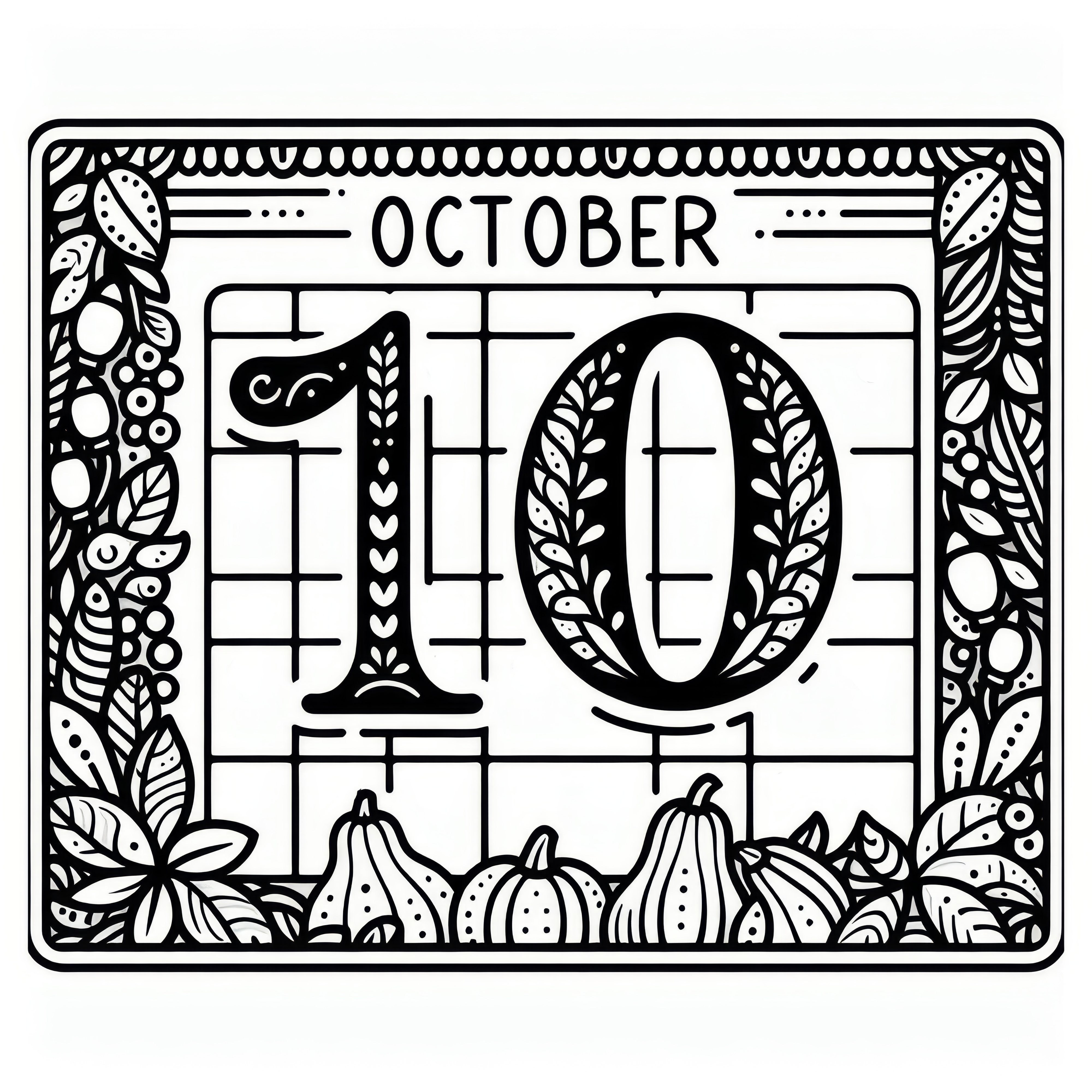 Calendar sheet with the number 10 for October as a coloring page (Free)