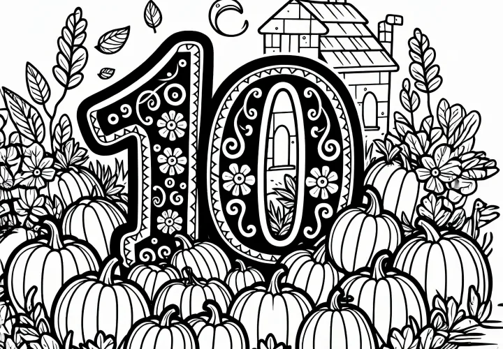 Het nummer 10 met pompoenen in oktober: Gratis kleurplaat