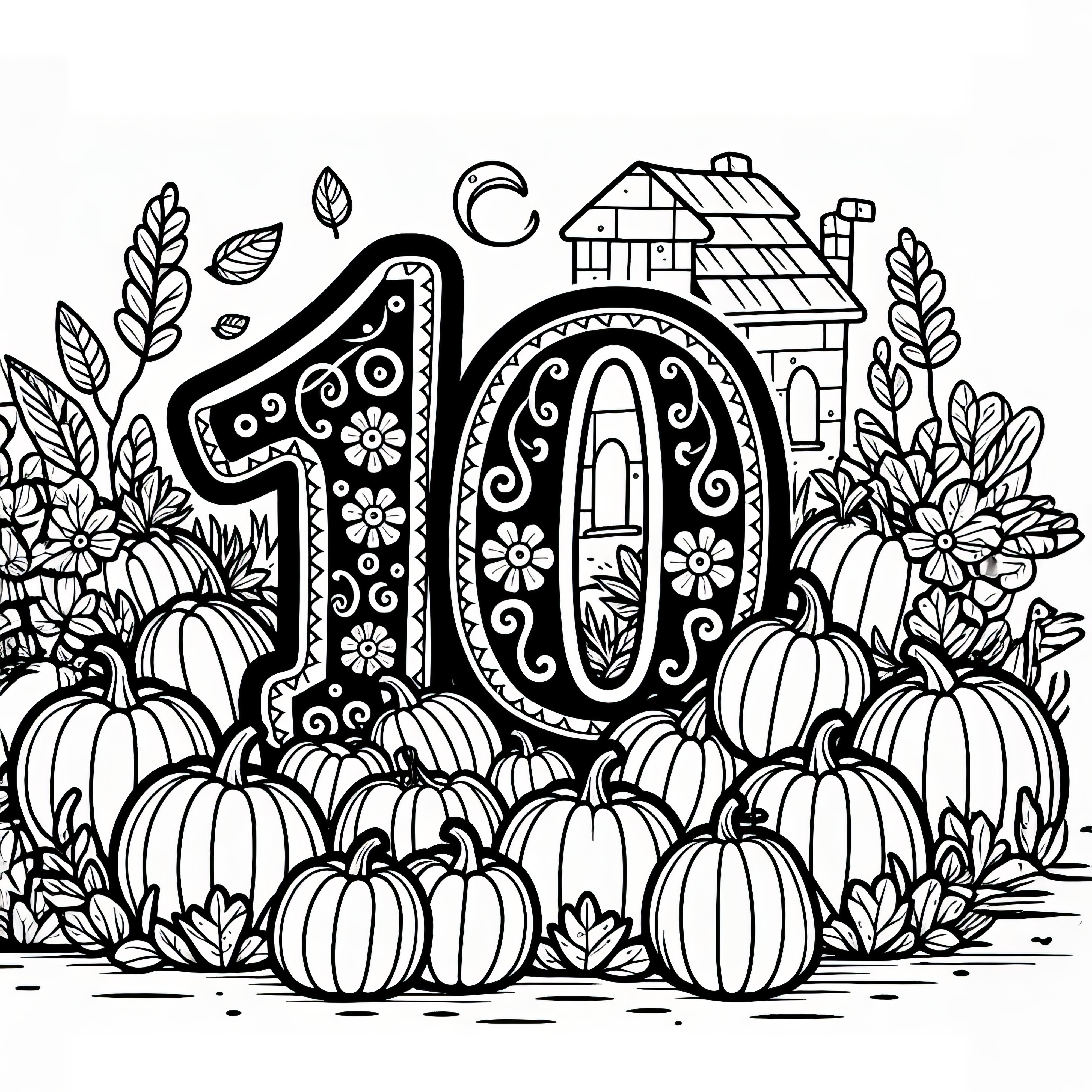 Číslo 10 s dýněmi v říjnu: Besplatný omalovánkový list