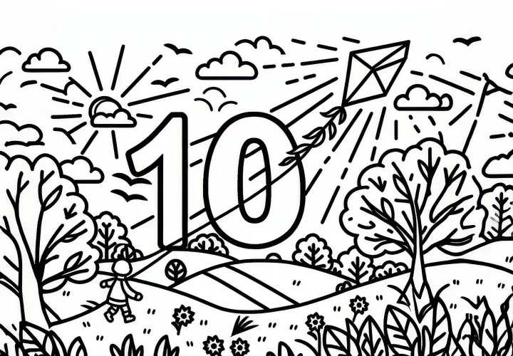 Nummer 10 met draken in de herfst als oktober kleurplaat (Gratis)
