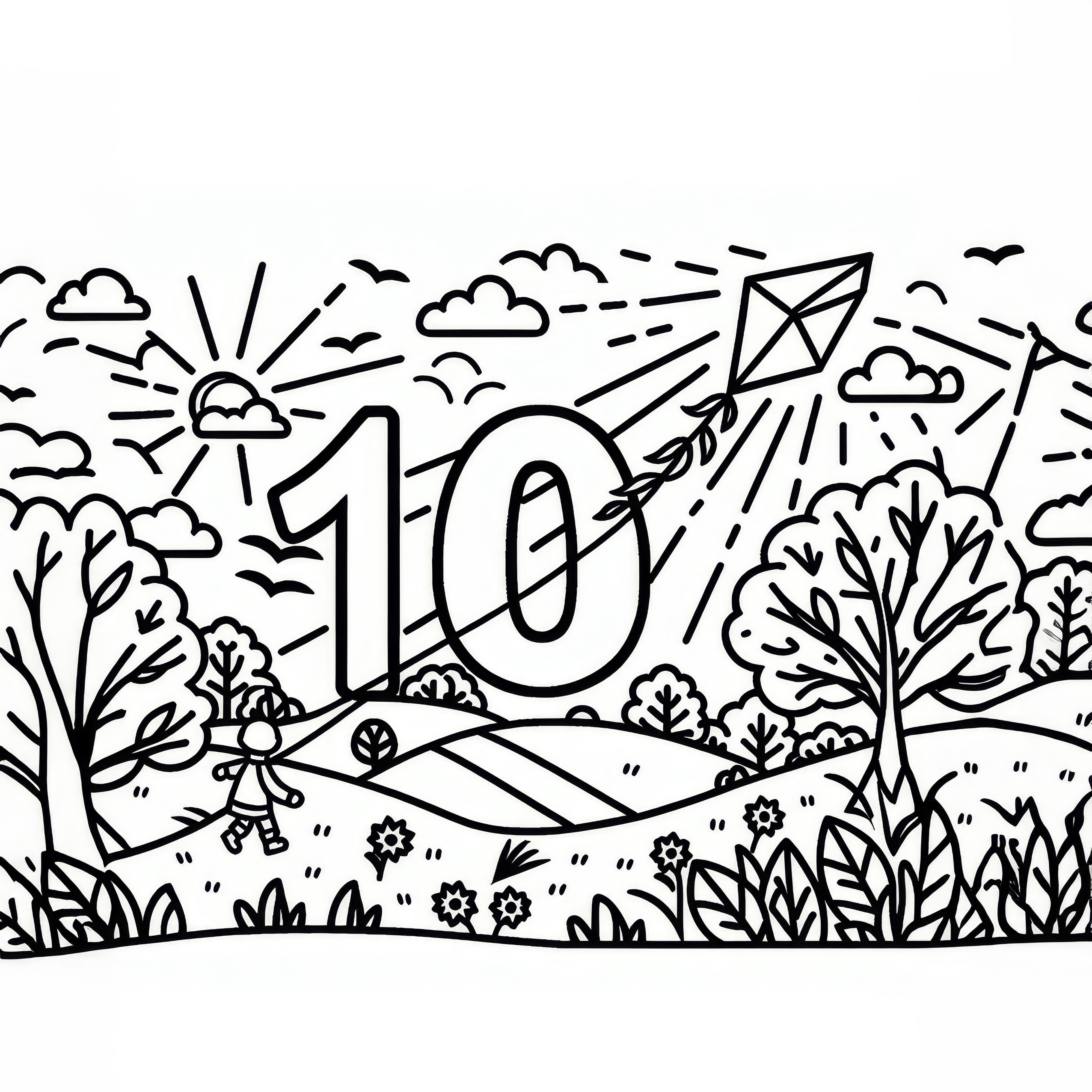 Number 10 with dragons in autumn as an October coloring page (free)
