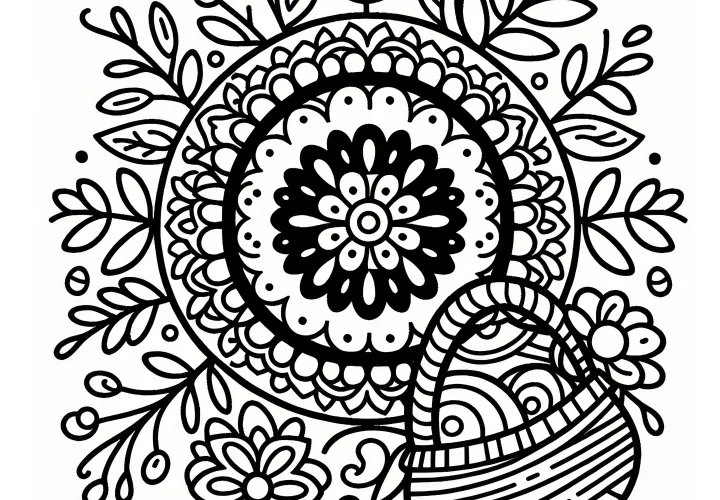 Mandala su velykiniu krepšeliu kaip spalvinimo puslapis (nemokamai)
