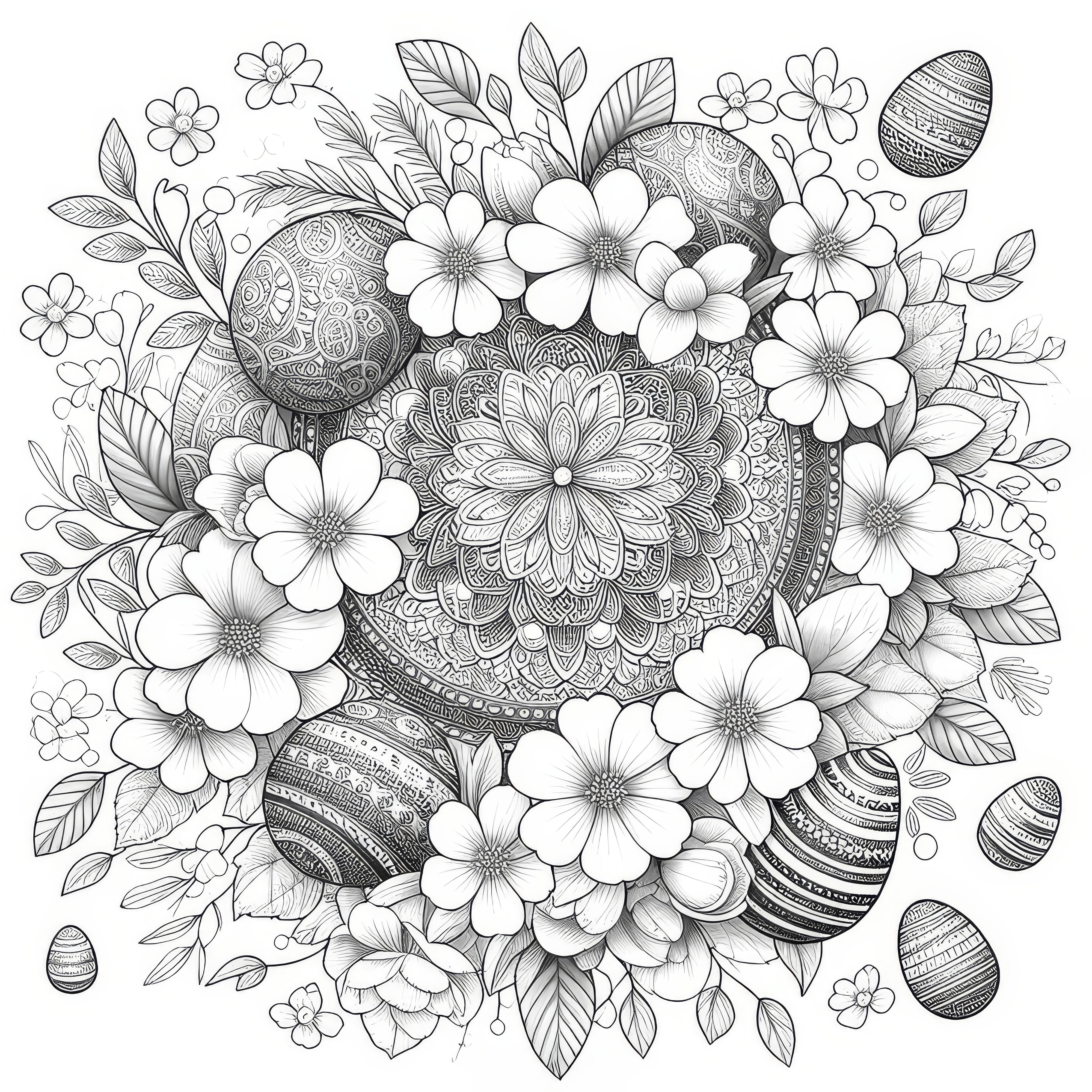 イースターのための春の花々の入ったマンダラ：無料ダウンロード用の塗り絵