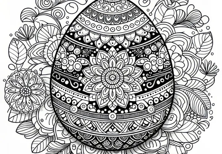 Mandala su gausiai dekoruotu velykiniu kiaušiniu kaip spalvinimo puslapis (nemokamai)