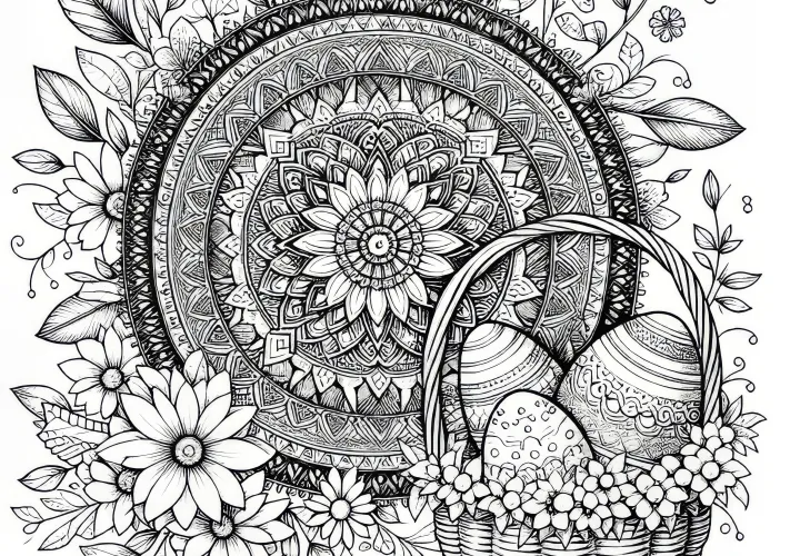 Filigraninė mandala su velykiniu krepšeliu: spalvinimo paveikslėlis atsisiųsti (nemokamai)