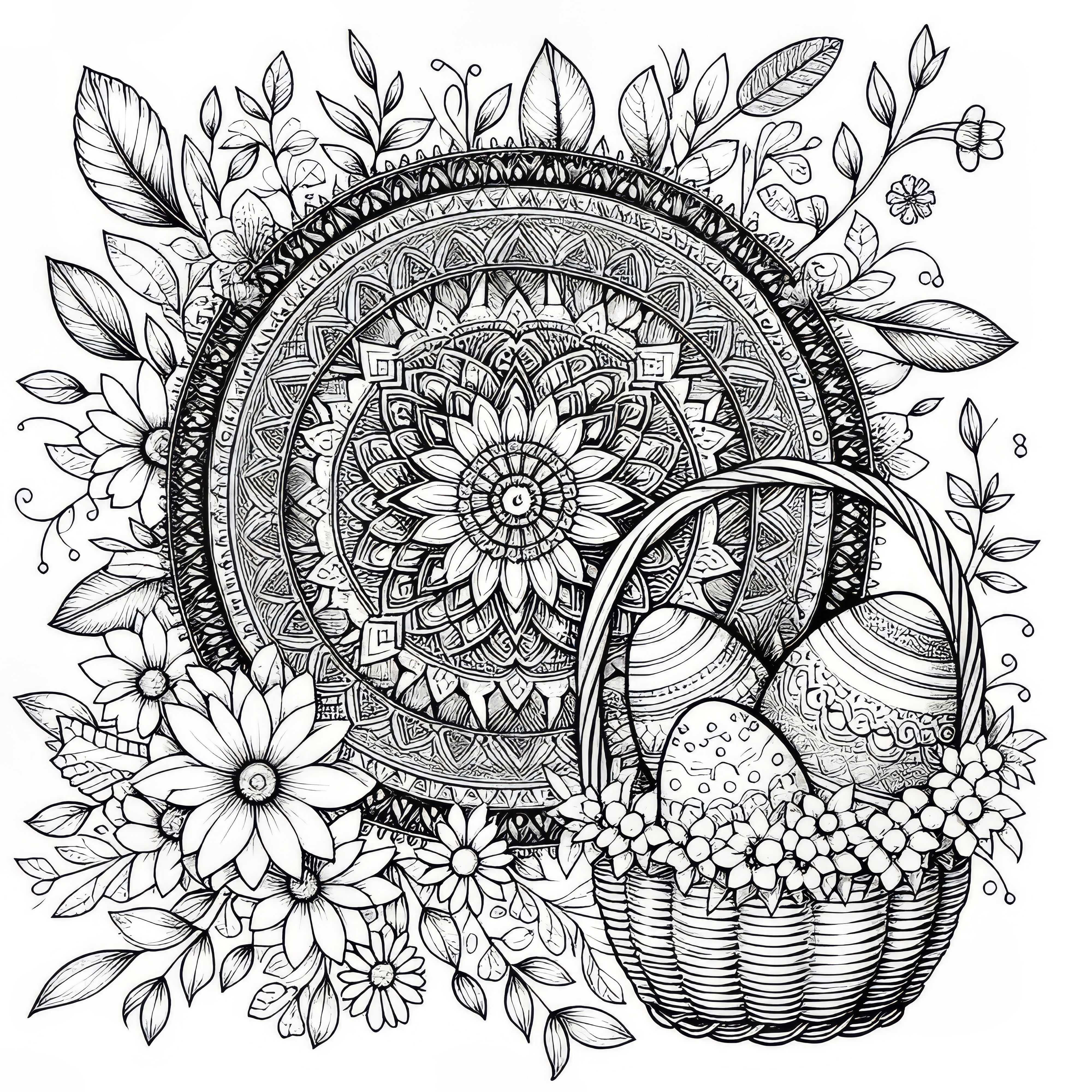 Delicate mandala with Easter basket: coloring picture to download (free)