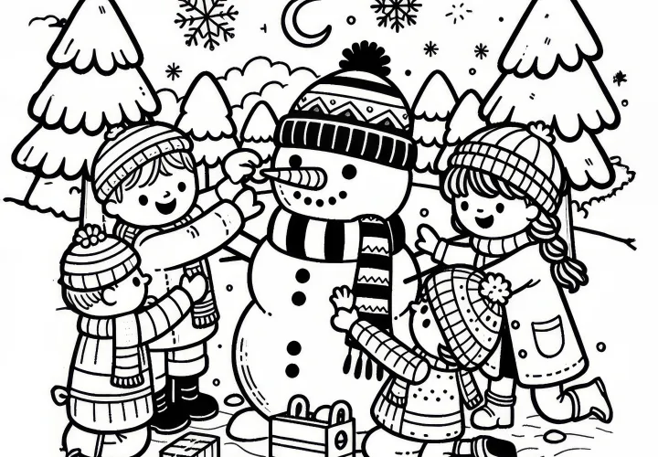 Kinder bouwen sneeuwman met wortelneus en sjaal (Gratis)