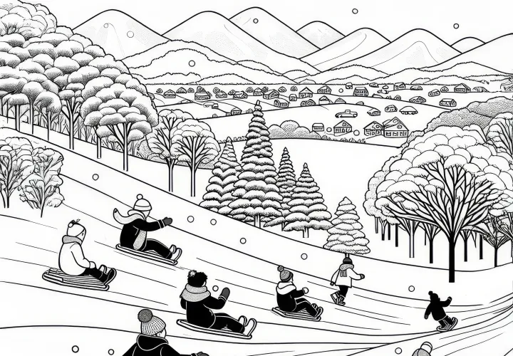 Kinder rodelen op besneeuwde heuvel in januari: Kleurplaat om te downloaden (Gratis)