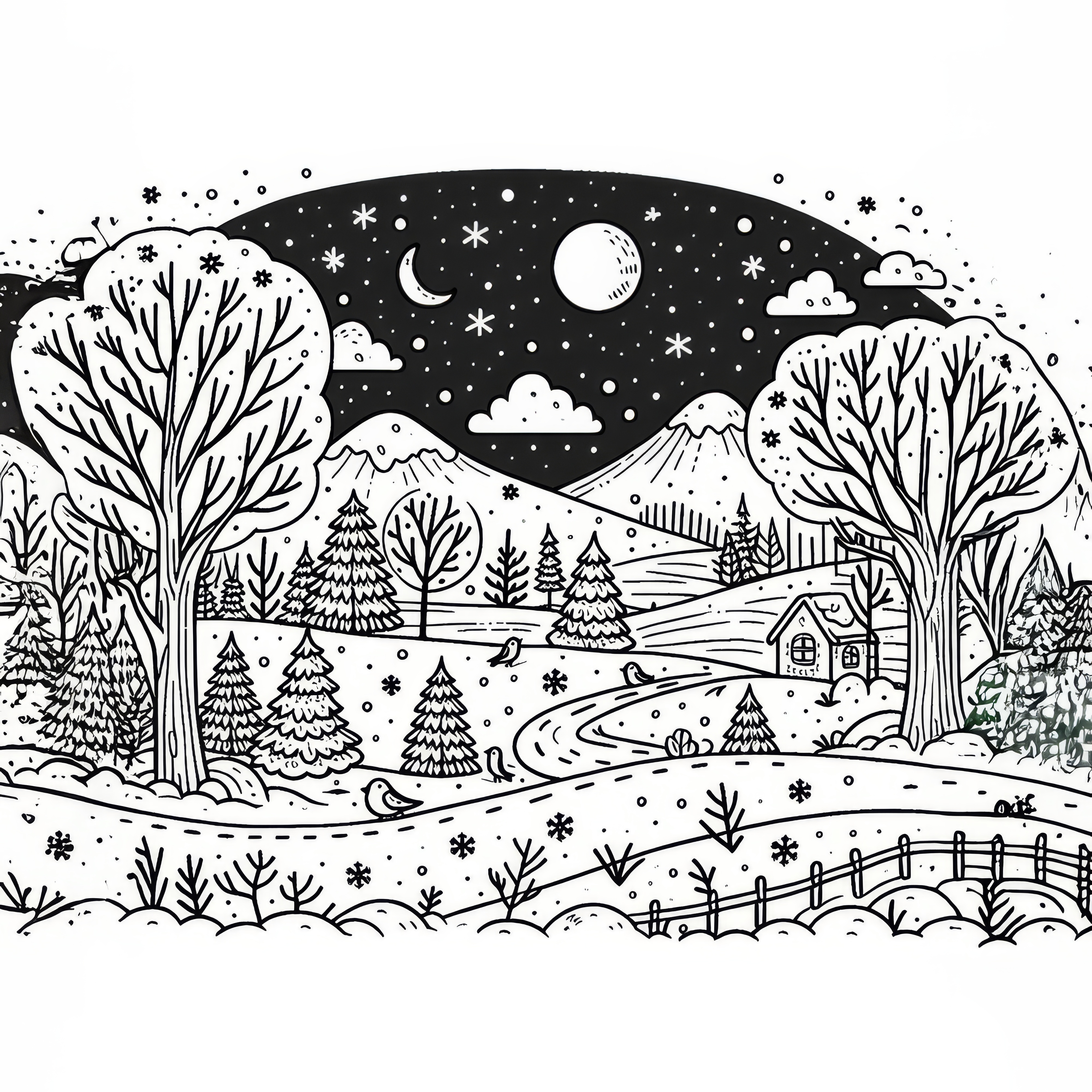 Snow-covered winter landscape with bare trees in January as a coloring template (Free)