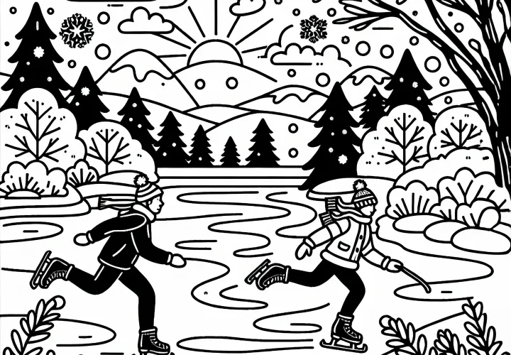 Schaatsers op een bevroren meer in januari: Gratis kleurplaat