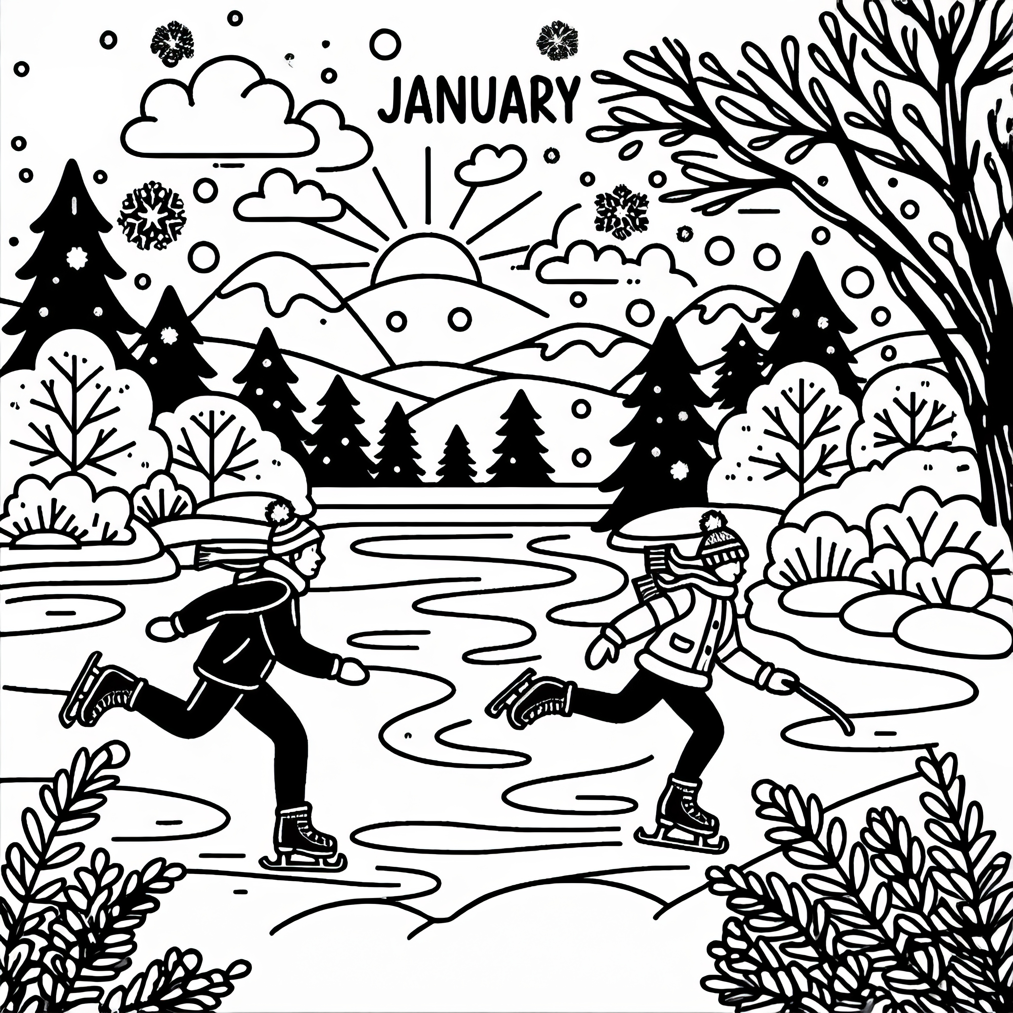 Ice skater on a frozen lake in January: Free coloring page