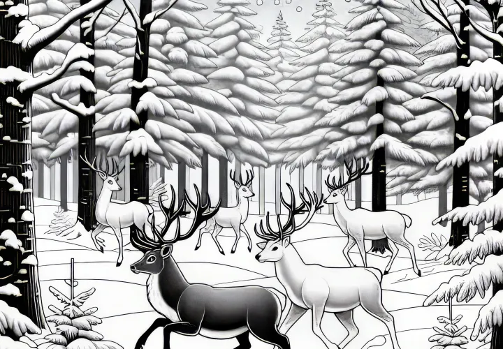 Herten in het winterbos in januari: Gratis kleurplaat