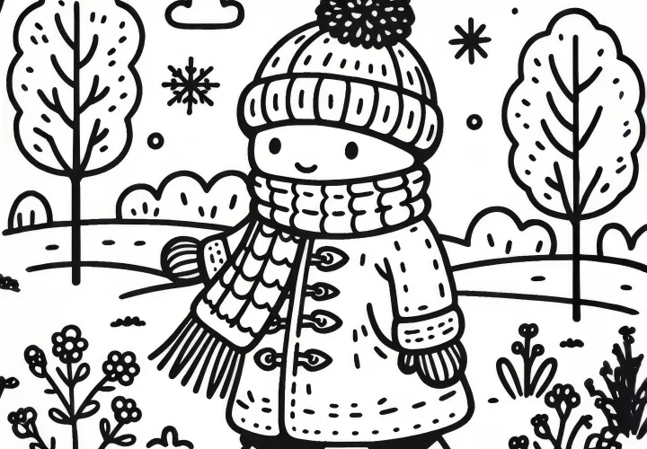 Jongen met dikke winterjas en sjaal tijdens een wandeling in januari: Gratis kleurplaat