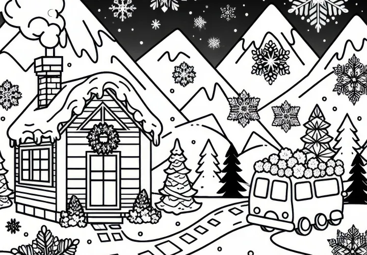 Sneeuwvlokken dwarrelen door het winterlandschap: Kleurplaat om te downloaden (Gratis)