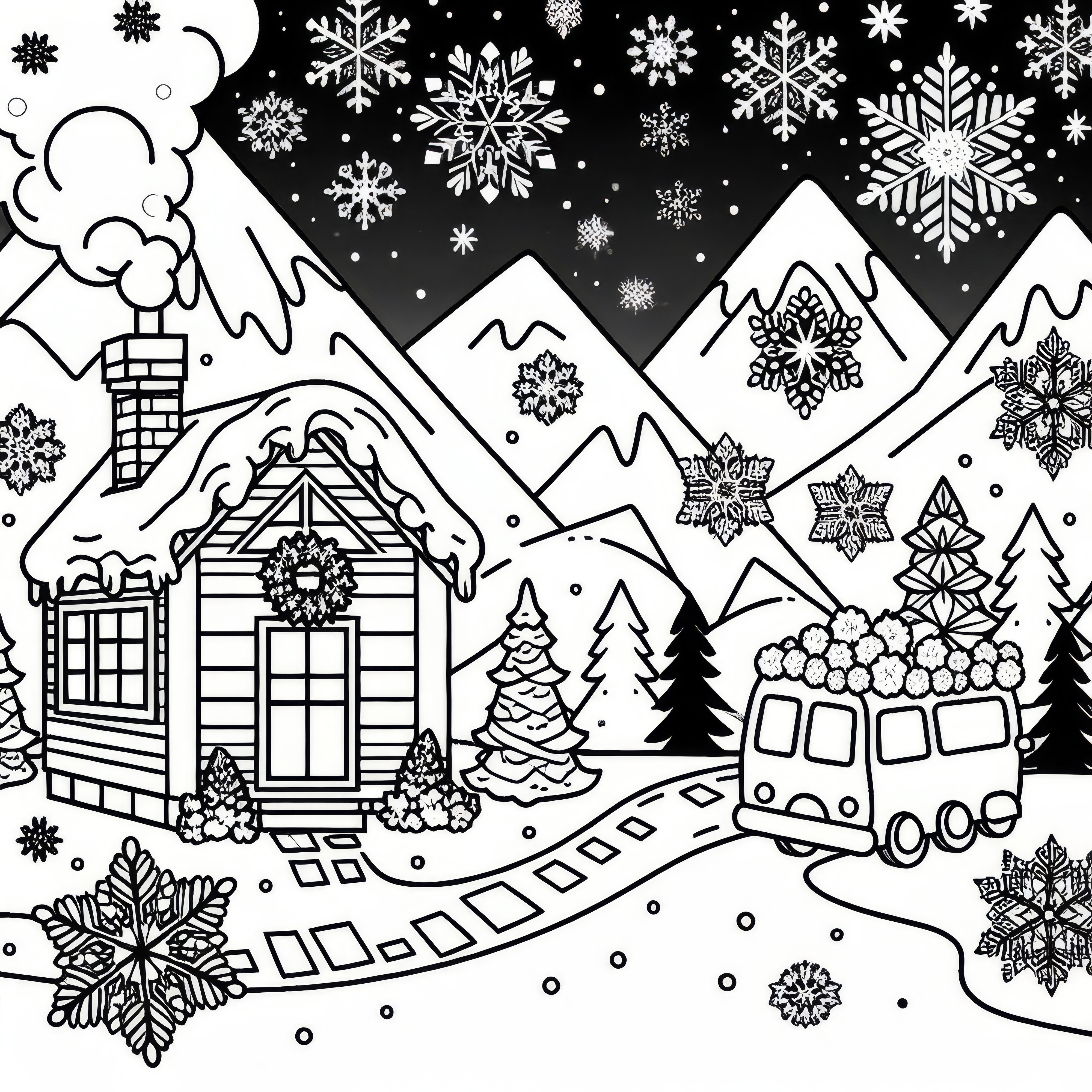 雪片が冬の風景を舞い落ちる：ダウンロード用の塗り絵（無料）
