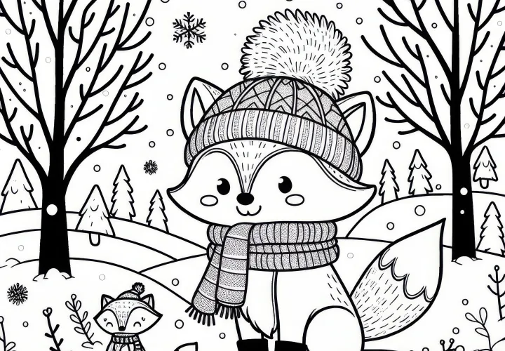 Schattige vossen in het winterbos in januari: kleurplaat om in te kleuren (Gratis)