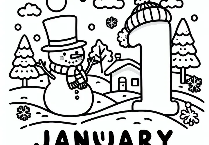 Nummer 1 voor de maand januari met een sneeuwpop als kleurplaat (Gratis)