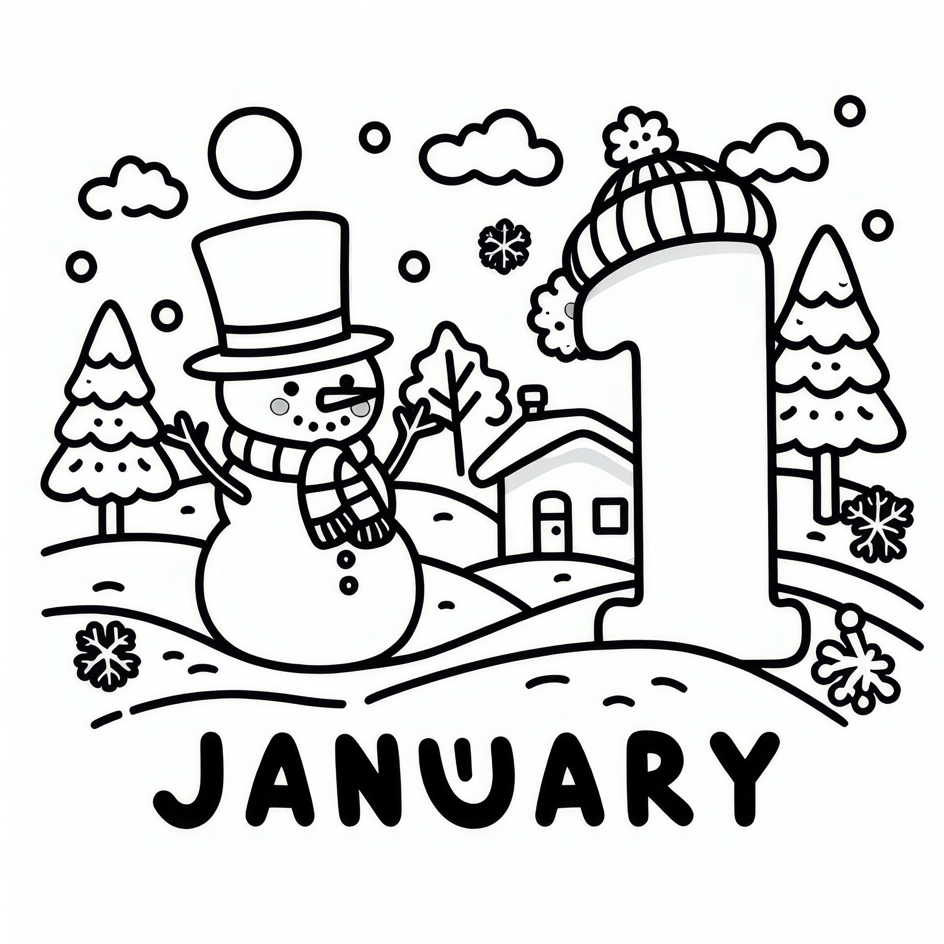 Number 1 for the month of January with snowman as a coloring picture (Free)