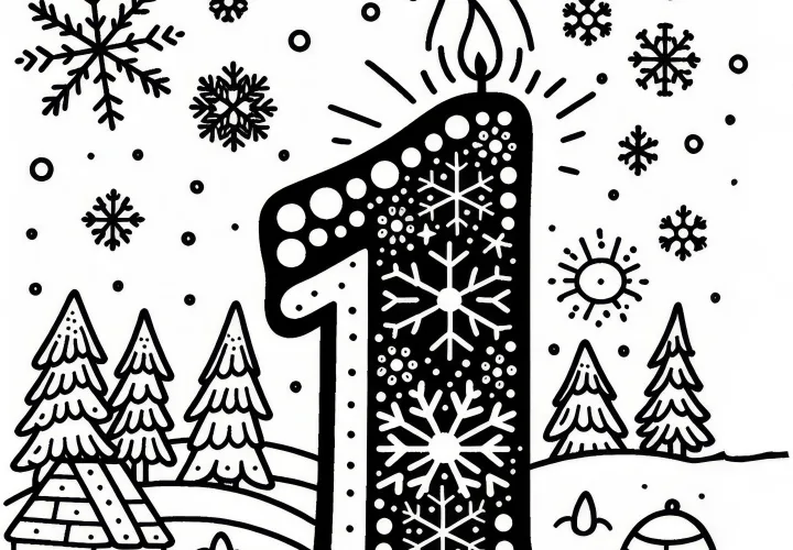 Nummer 1 voor de maand januari als kaars met sneeuwvlokken: Kleurplaat om te downloaden (Gratis)