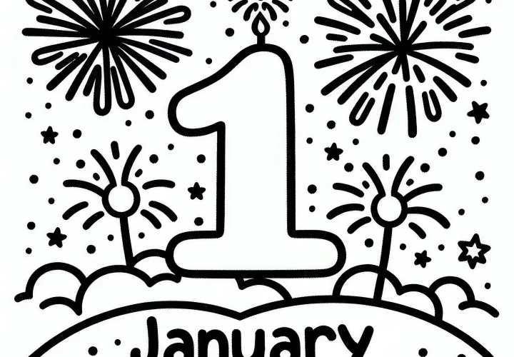 Nummer 1 voor de maand januari met vuurwerk: Kleurplaat om te downloaden (Gratis)