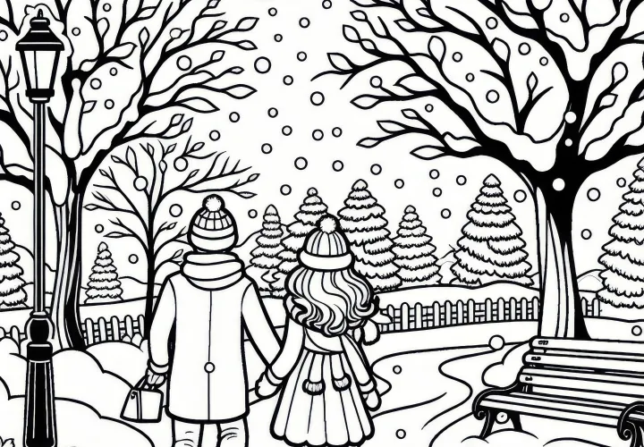 Stelletje tijdens een romantische wandeling door het besneeuwde park in februari (Gratis)