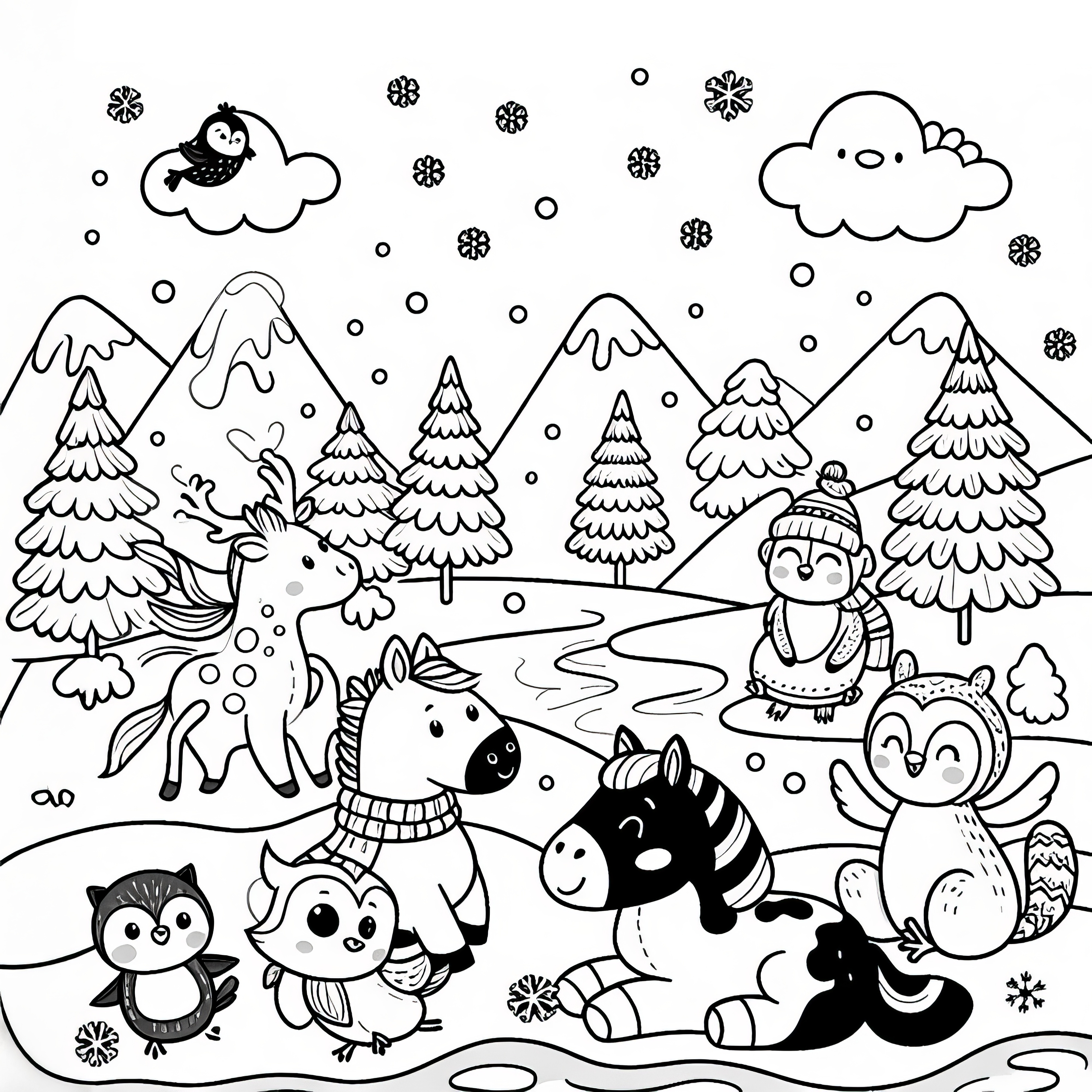 ２月の雪の降る景色の中の動物：無料のぬり絵ページ