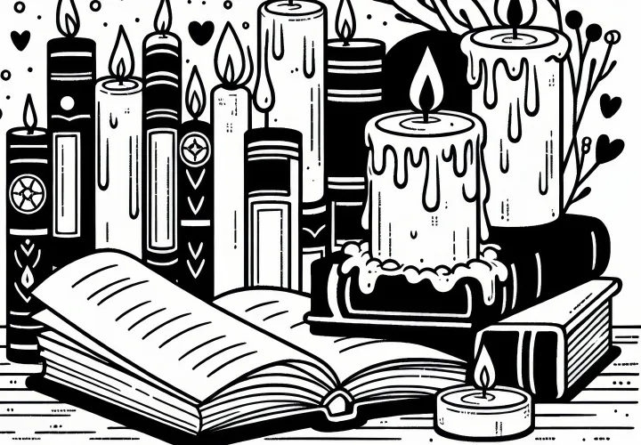 Gezellige avond in februari met boeken en kaarsen: Kleurplaat om te downloaden (Gratis)