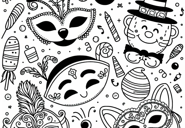 Maskers en hoeden als typische carnavalsmotieven in februari: Kleurplaat om te downloaden (Gratis)