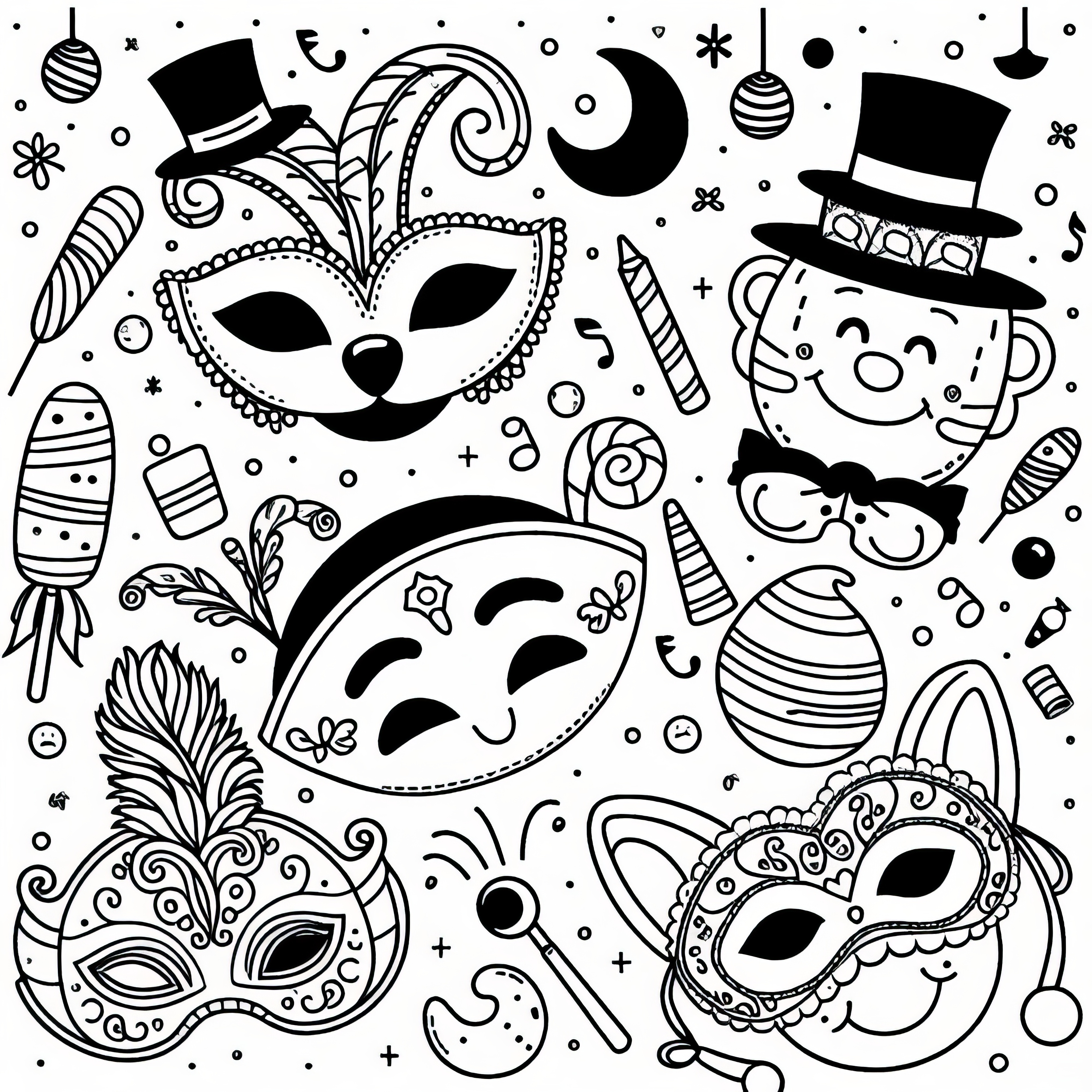 Masks and hats as typical carnival motifs in February: Coloring template for download (Free)