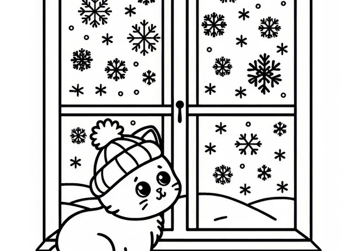 Kitten dat door een raam naar sneeuwvlokken kijkt in februari: Kleurplaat om te downloaden (Gratis)