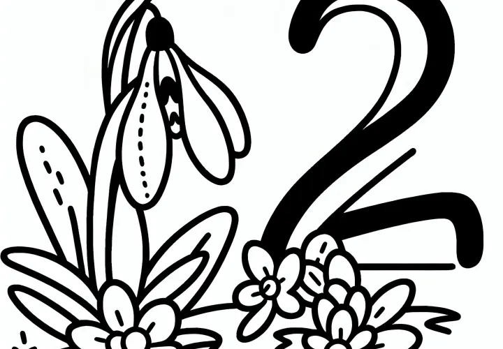 Nummer 2 met sneeuwklokjes in februari als kleurplaat (Gratis)