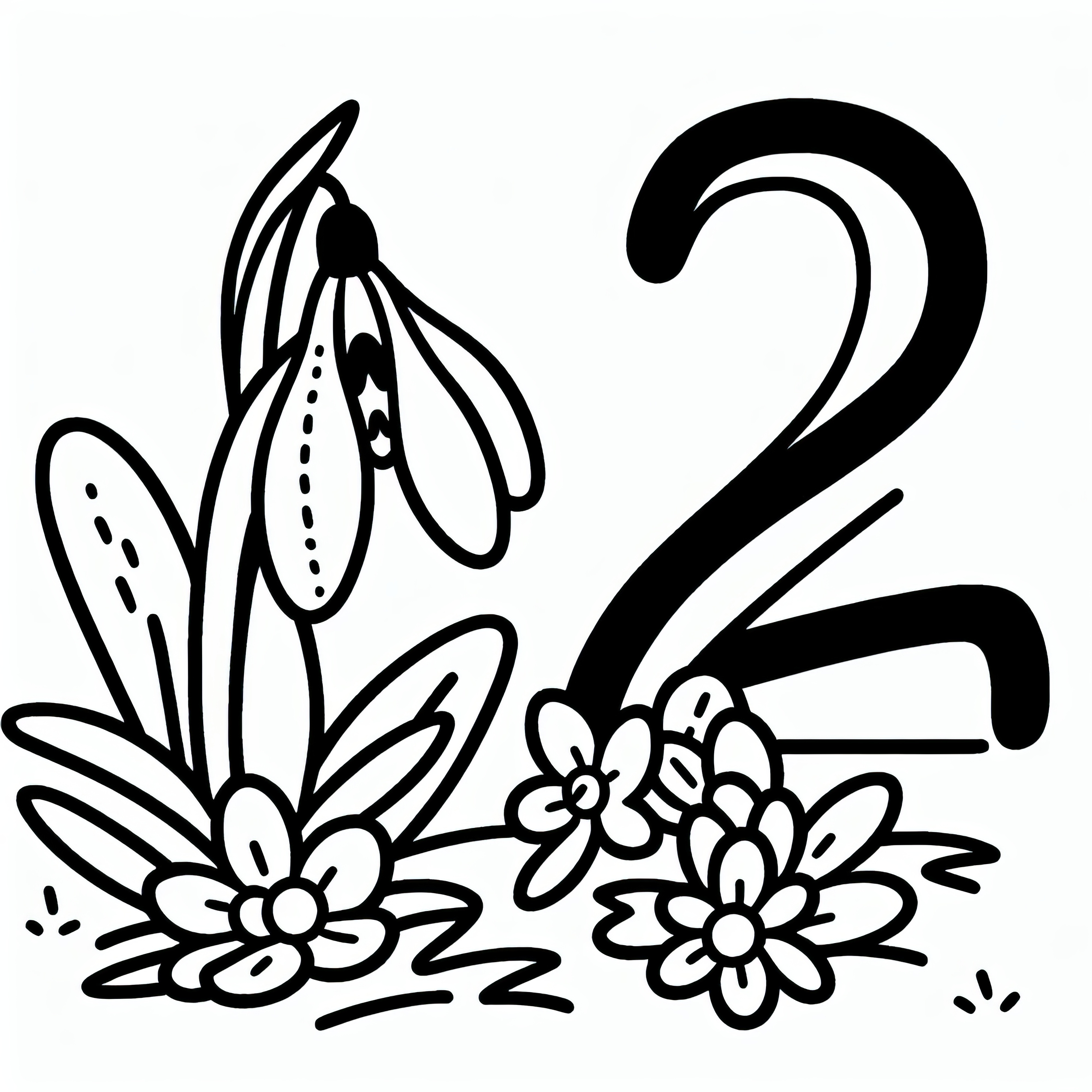 Number 2 with snowdrops in February as a coloring picture (Free)