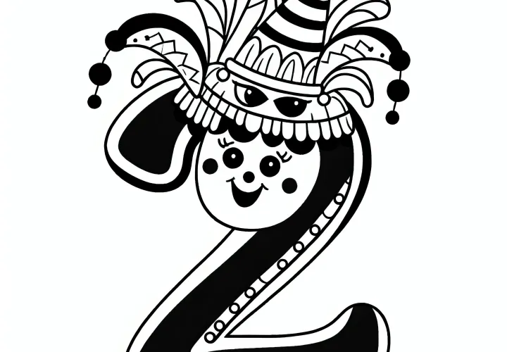 Nummer 2 met een carnavalskostuum in februari: kleurplaat om te downloaden (gratis)