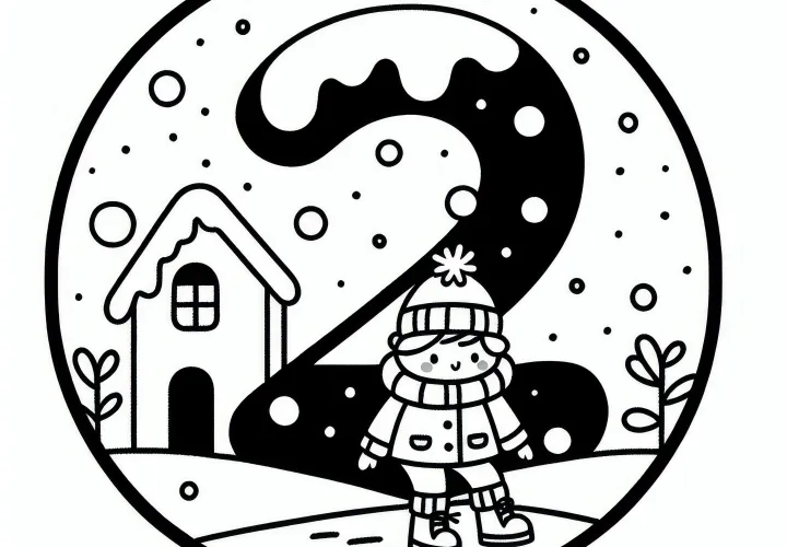 Getal 2 bedekt met sneeuw: Kleurplaat in februari (Gratis)