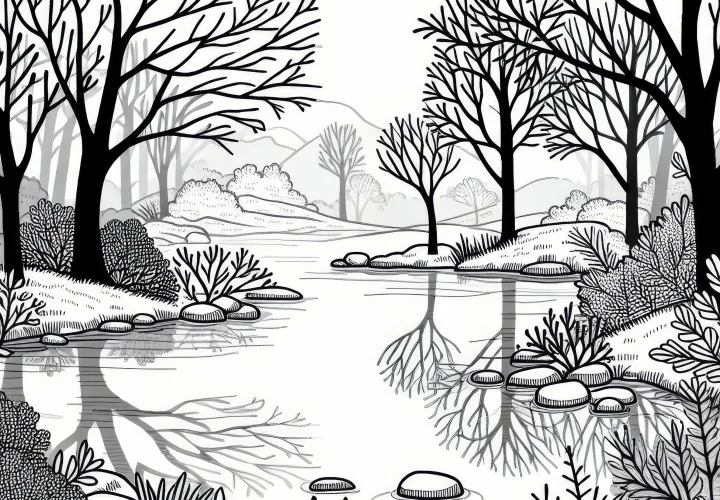 Mistig landschap met kale bomen en stille vijver in november als kleurplaat (gratis)