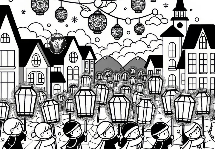 Lampionoptocht bij de schemering in november: Gratis kleurplaat