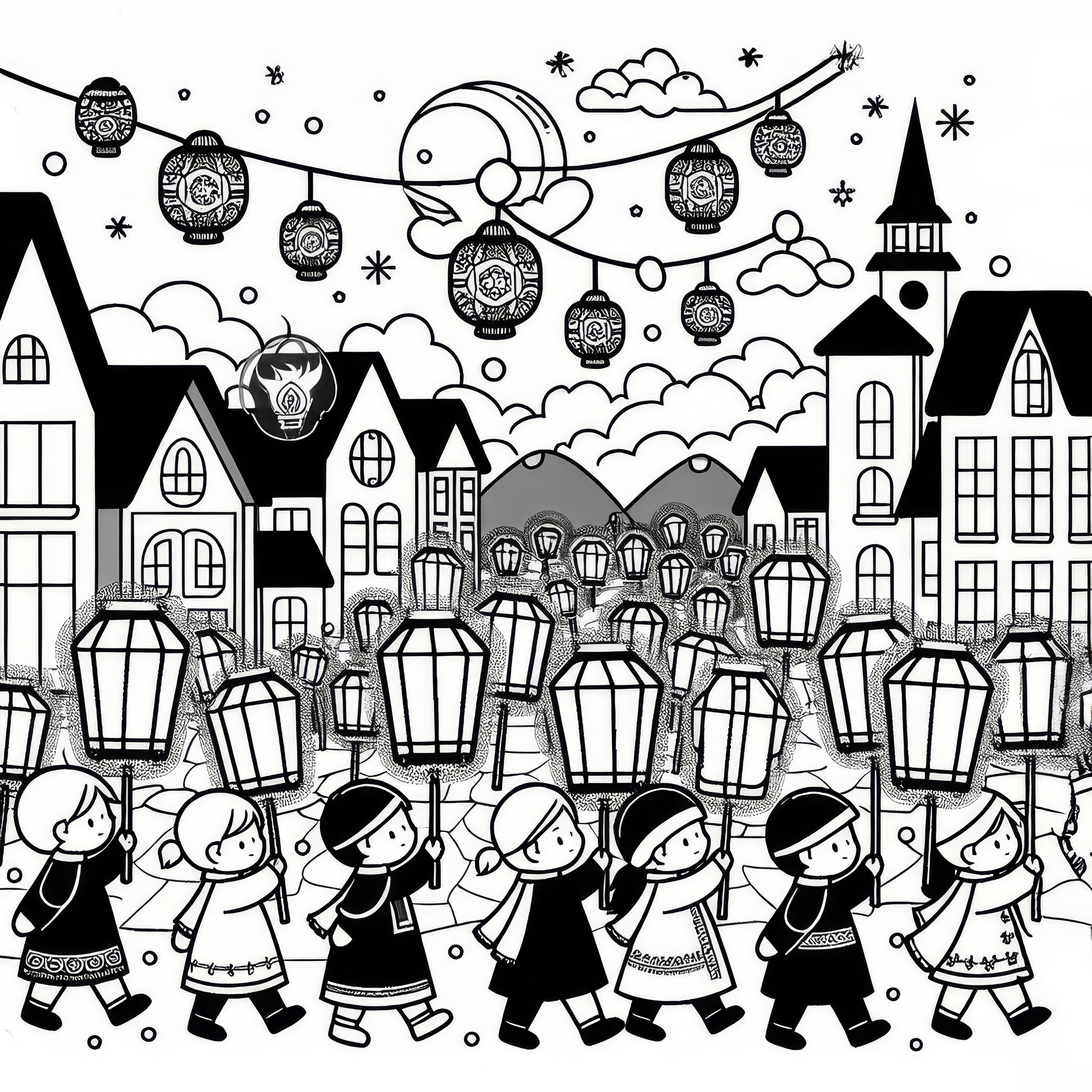 Lantern parade at dusk in November: Free coloring sheet