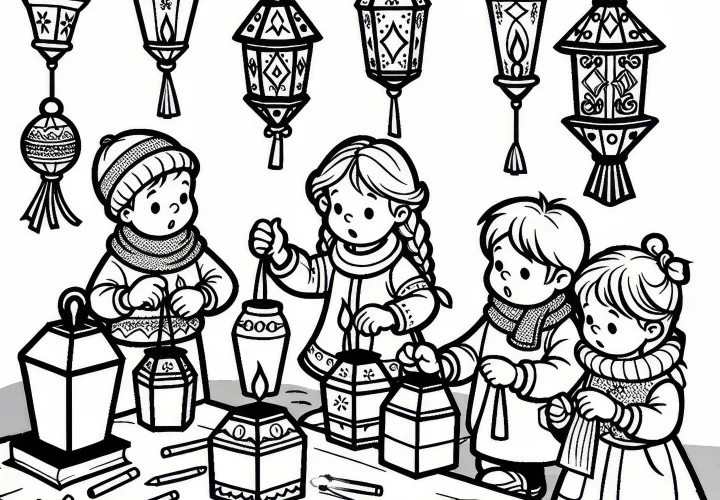 Kinder knutselen lantaarns voor de Sint-Maartensoptocht in november: Gratis kleurplaat