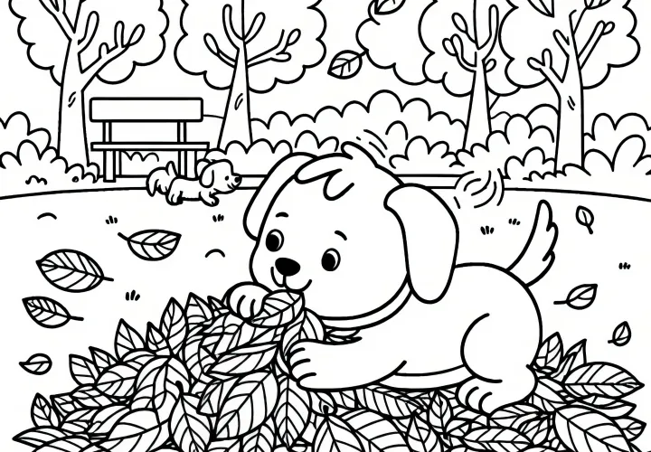 Hond speelt in de bladerhoop in het park in november: kleurplaat om te downloaden (Gratis)
