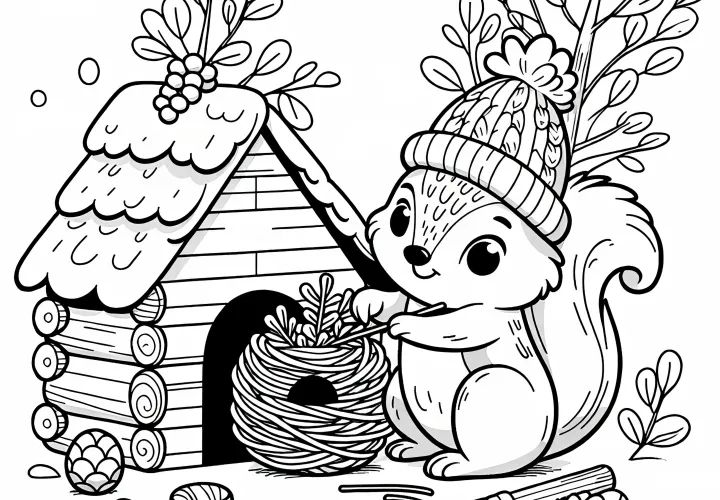 Eekhoorn bouwt nest in november voor de winter: Kleurplaat om te downloaden (Gratis)