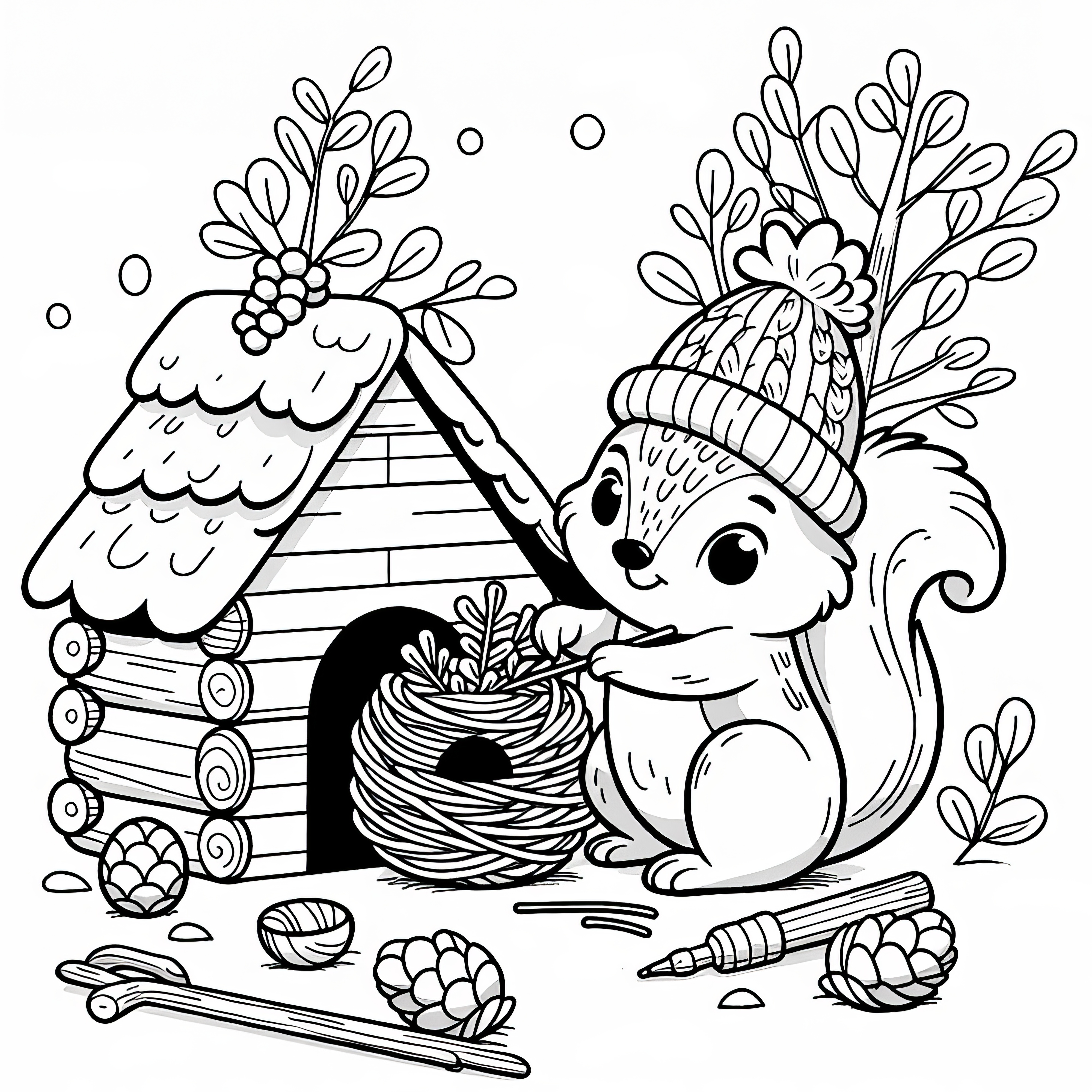 Squirrel builds a nest in November for the winter: Coloring picture for download (Free)