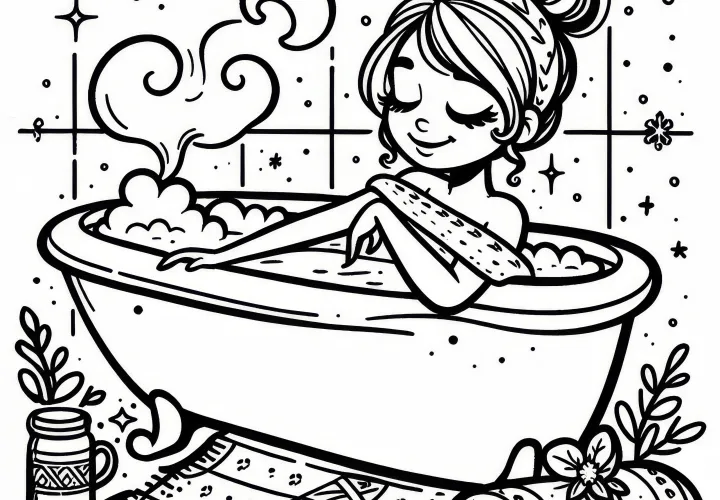 Vrouw geniet van een warm bad op een koude novemberavond: Gratis kleurplaat