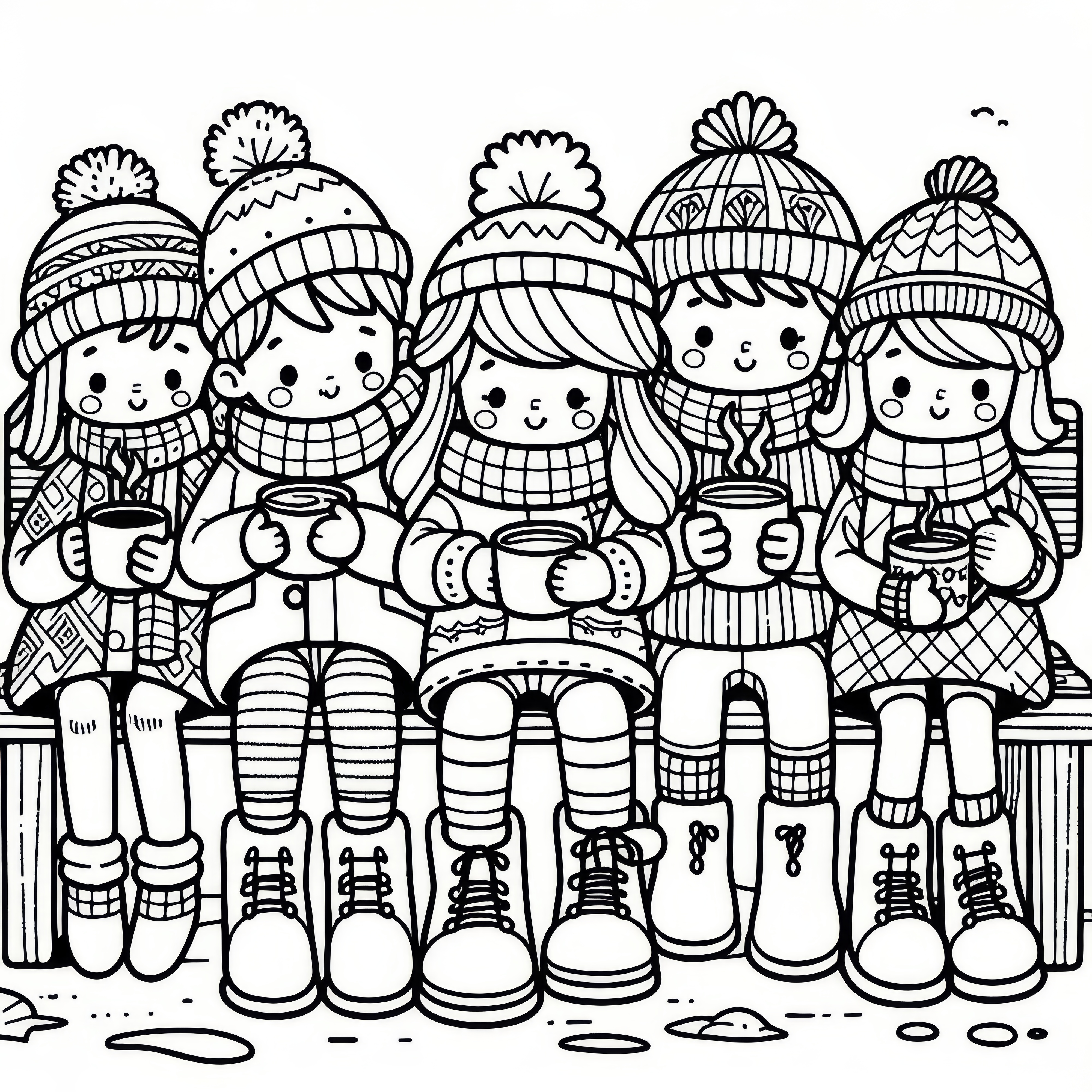 Children warm themselves up with hot cocoa on a bench in November: Coloring page for download (Free)