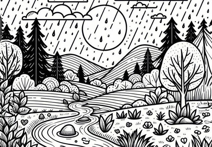 Koele novemberregen in het landschap: kleurplaat om te downloaden (gratis)
