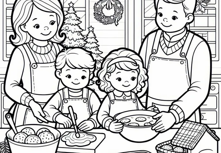 Familie bakt koekjes in november ter voorbereiding op de winter: Gratis kleurplaat