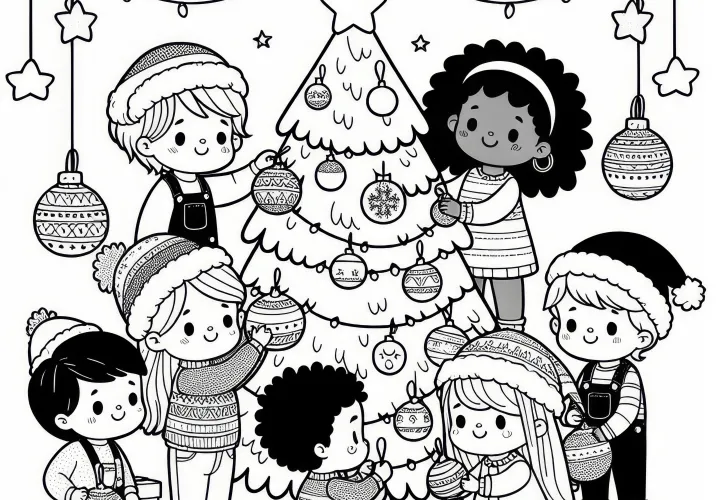 Kinder versieren kerstboom met ballen in december: Kleurplaat om te downloaden (Gratis)