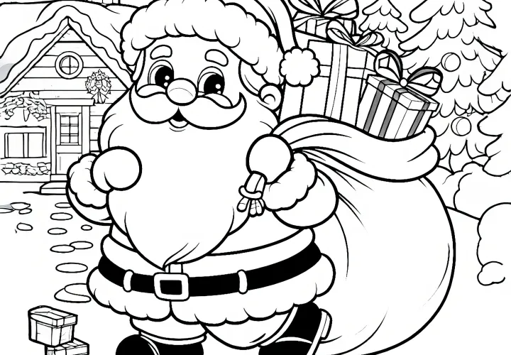 Kerstman met zak vol cadeautjes in december: Gratis kleurplaat
