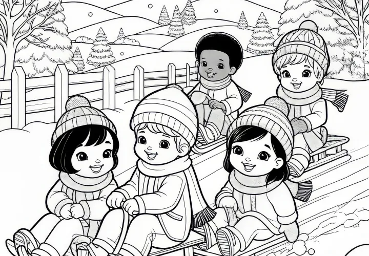 Kinder sleeën op een besneeuwde heuvel in december: Gratis kleurplaat