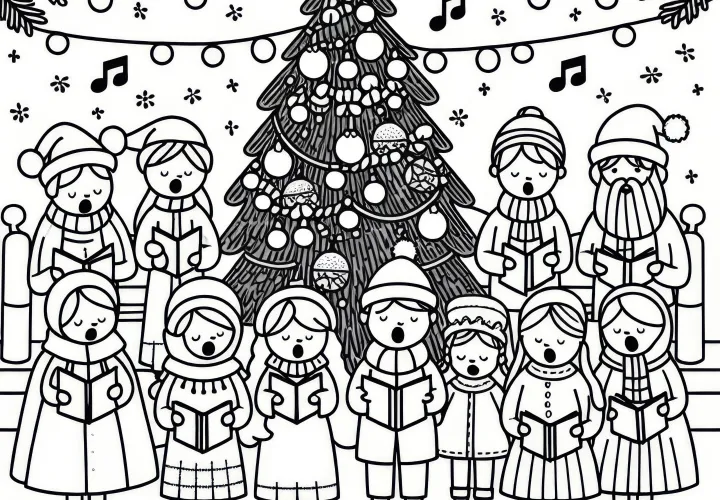 Mensen zingen kerstliederen voor een feestelijk versierde boom: Gratis kleurplaat