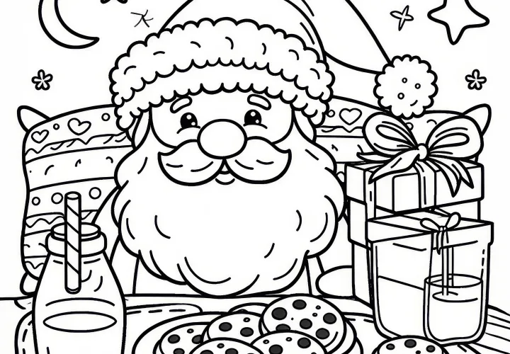Bord met koekjes en melk voor Sinterklaas in december: kleurplaat om te downloaden (Gratis)
